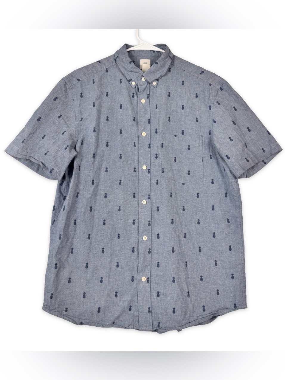 H&M Regular Fit Button Down Shirt Mens M Medium Short Sleeve Blue Pineapple